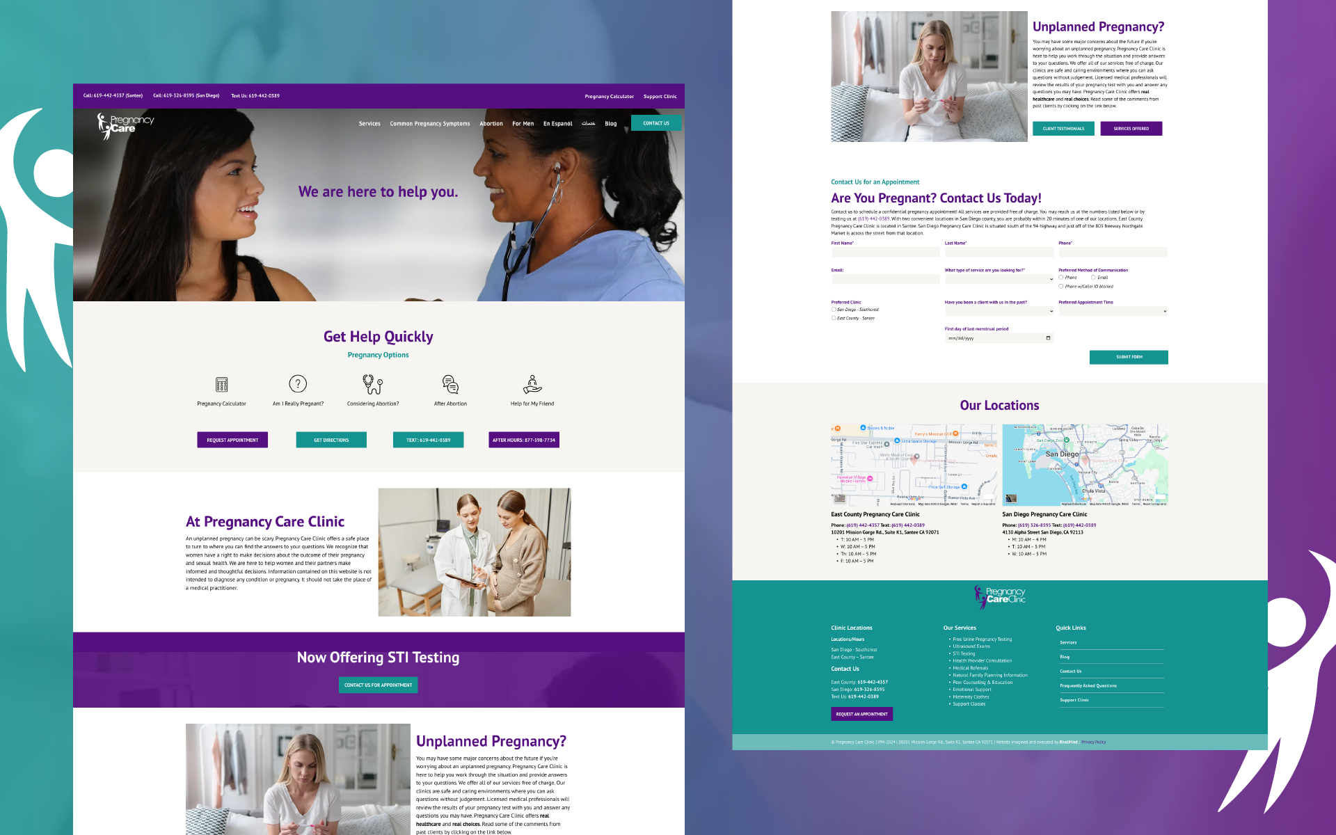 Two side-by-side website mockups with purple and teal sections and a hero photo of two people speaking