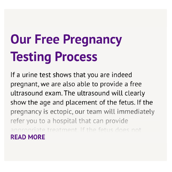 Purple informational card titled “Our Free Pregnancy Testing Process” with a “Read More” link