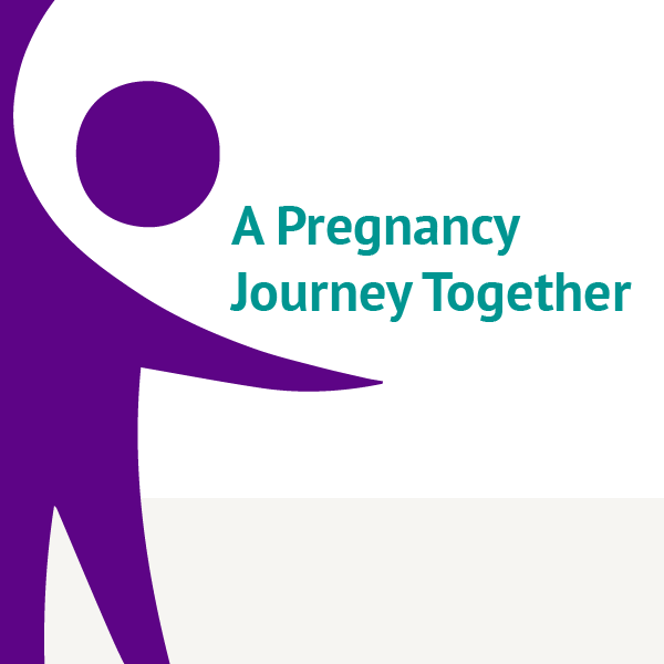 Purple abstract figure and teal text reading “A Pregnancy Journey Together.”