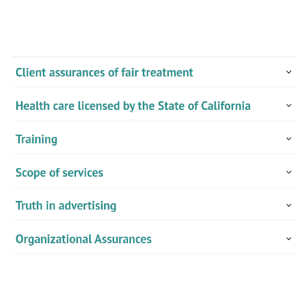 Accordion menu with six teal section headings on a white page
