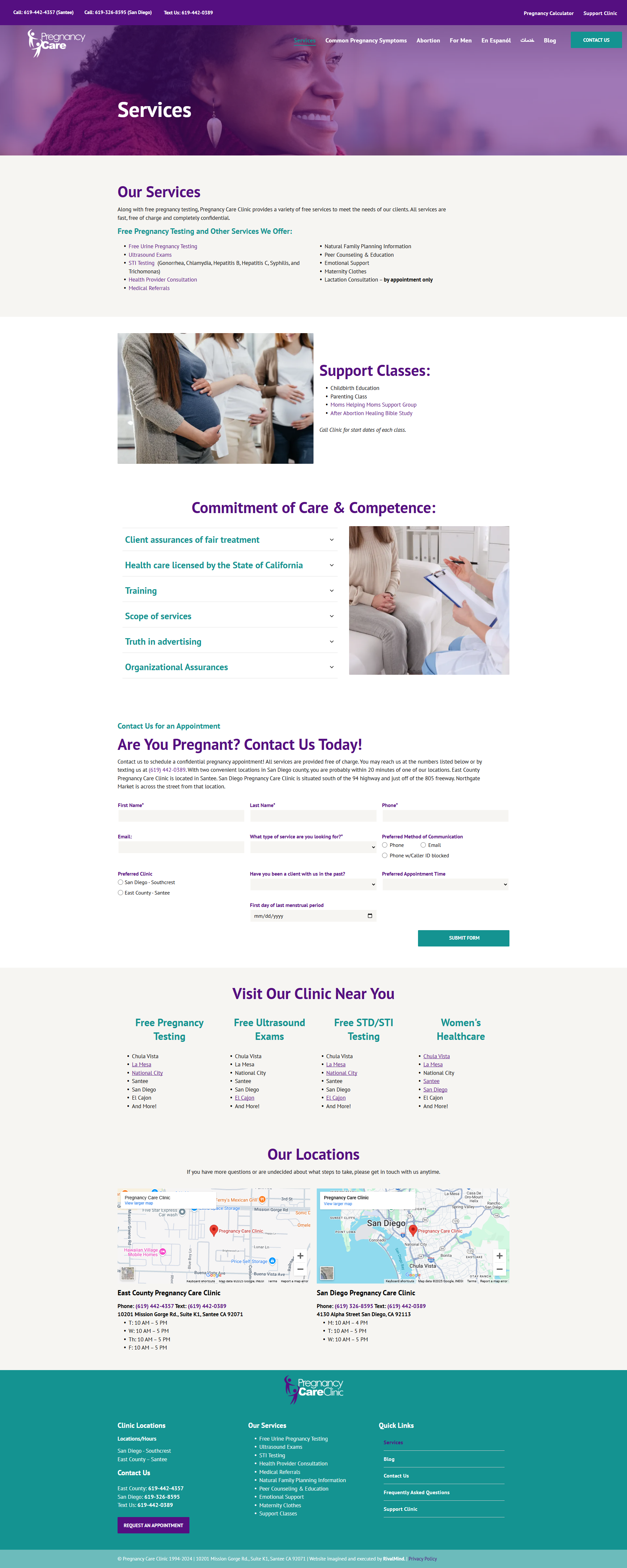 Webpage screenshot with purple header, white content cards, and teal footer showing Chinese text and photos