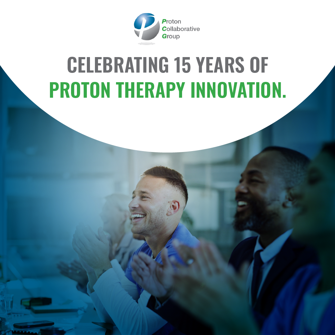 Celebrating 15 years of proton therapy innovation, with smiling attendees applauding at a conference.