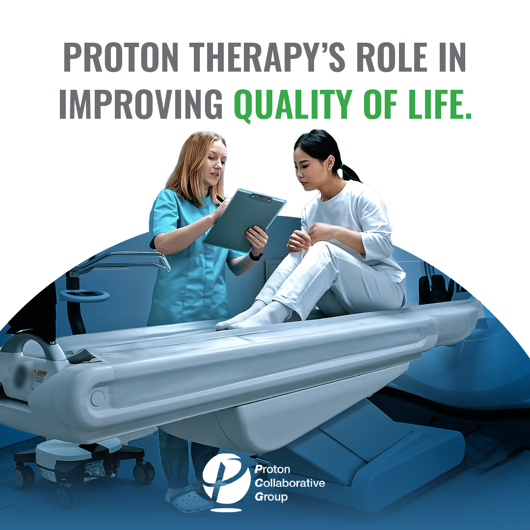 Proton therapy treatment with clinician and patient; text: “Improving quality of life.”