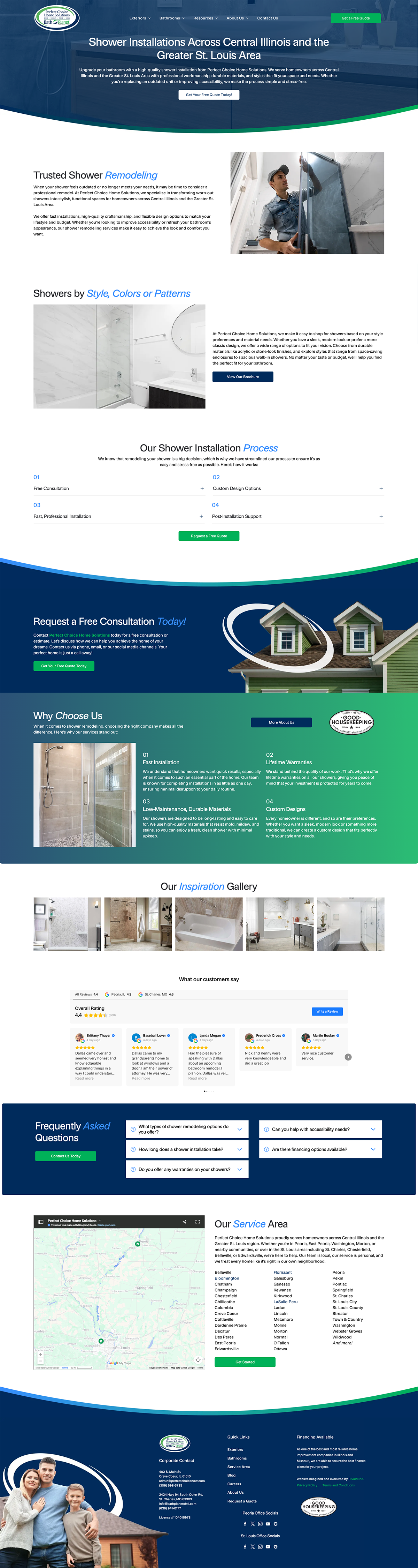 Tall, narrow webpage screenshot with dark blue and green sections, form fields, icons, and small photos throughout
