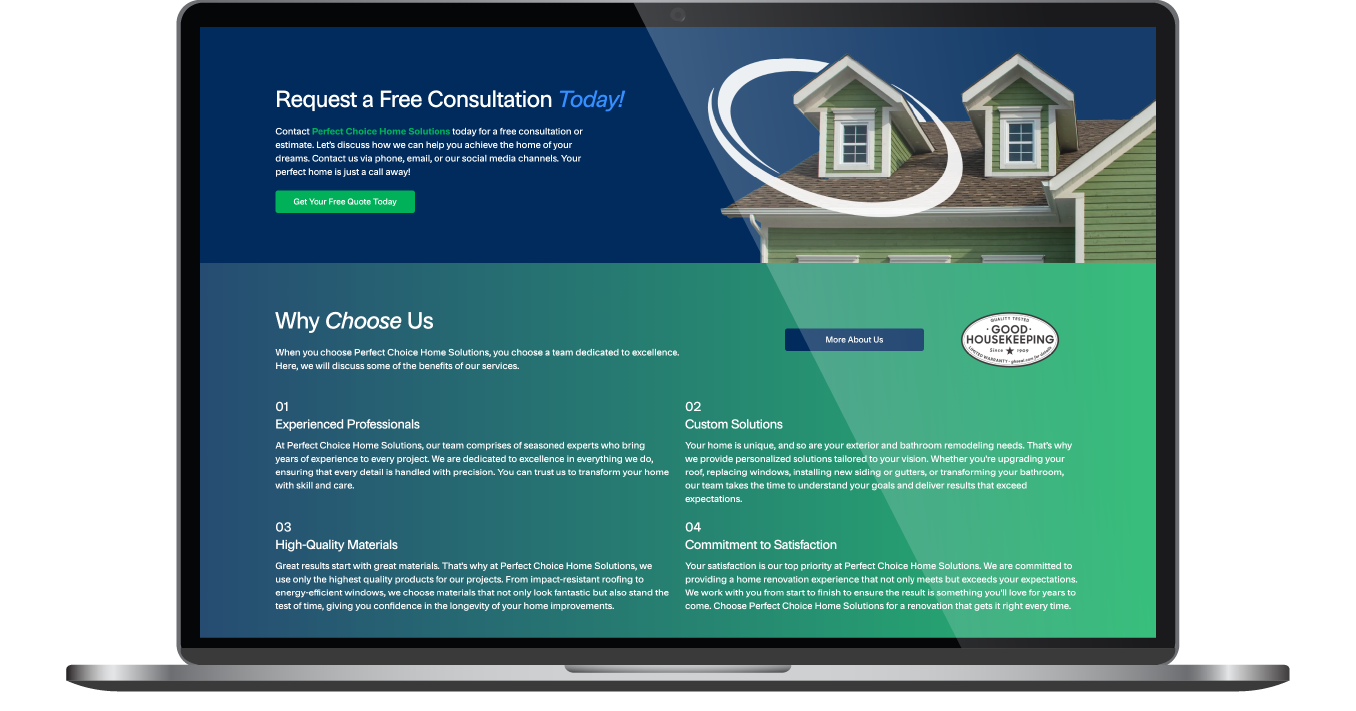 Website homepage shown on a laptop screen with blue-green gradient and house illustration