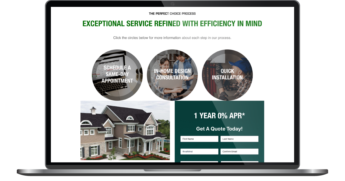 Website mockup for a roofing service, with house photo, circular stats, and green pricing panel on a laptop screen