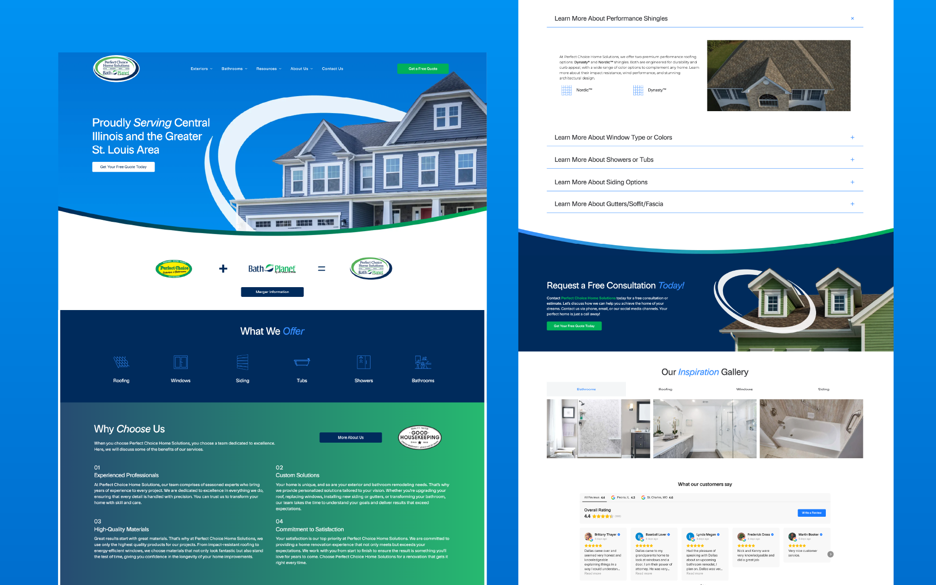 Website mockup with blue and white homepage, house hero image, and property details layout