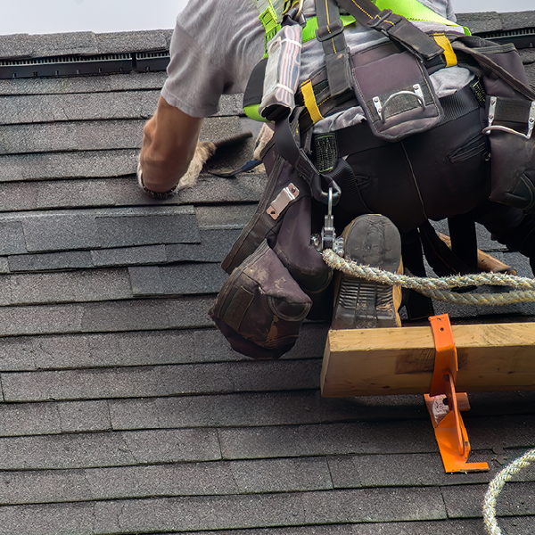 Roofing worker installing dark shingles while secured by a safety harness and rope