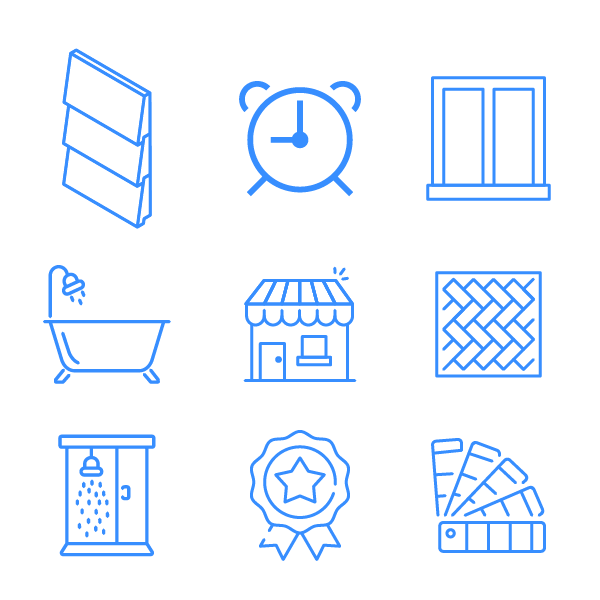 Blue line icons of home fixtures and finishes: blinds, alarm clock, window, bathtub, storefront, tile, shower, award, and flooring.