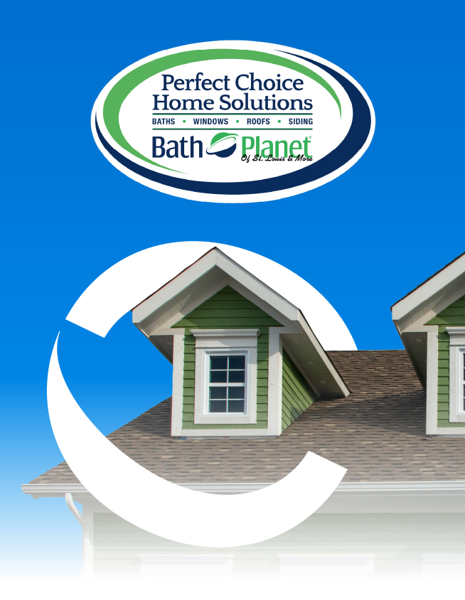 Perfect Choice Home Solutions Bath Planet logo above a house roof with green dormer windows on a blue background