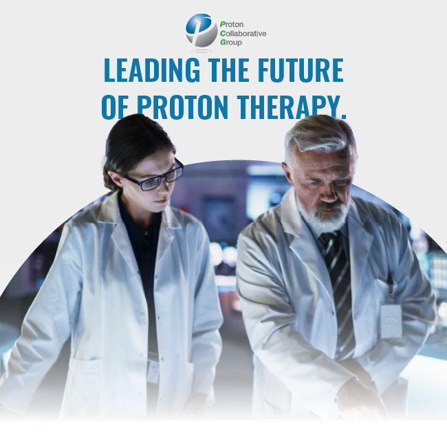 Two researchers in white lab coats working in a proton therapy lab with the text “Leading the Future of Proton Therapy”