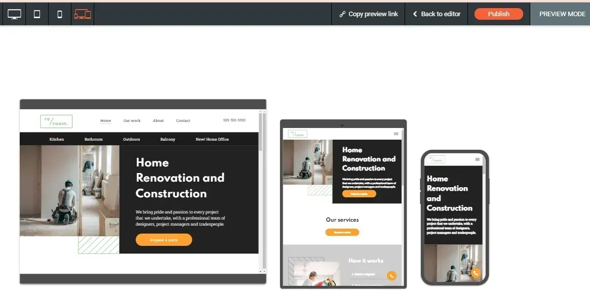 Web design mockup showing a construction website on desktop, tablet, and phone screens