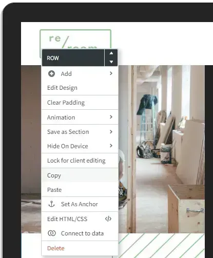 Website editor context menu over a page mockup in a browser, with options like Add, Edit Design, and Clear Padding.