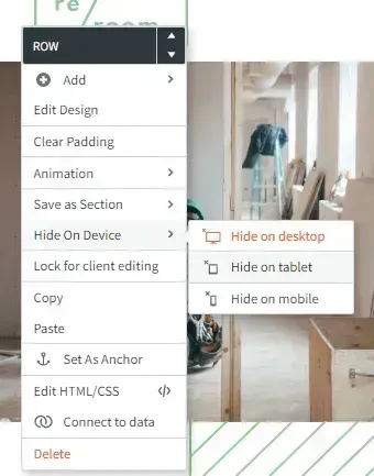 Context menu over a room photo showing hide-on-desktop, tablet, and mobile options