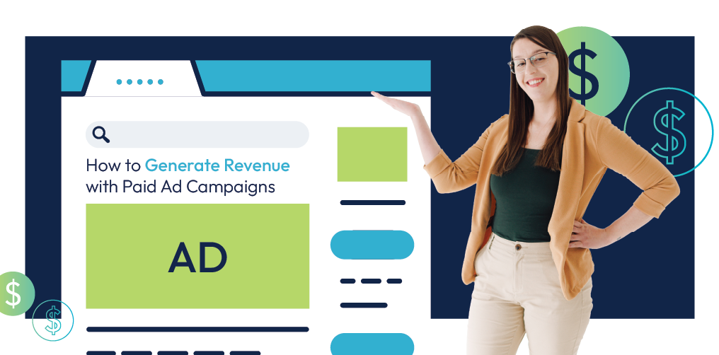 Ad campaign analytics banner with website mockup and a woman standing beside charts and dollar icons
