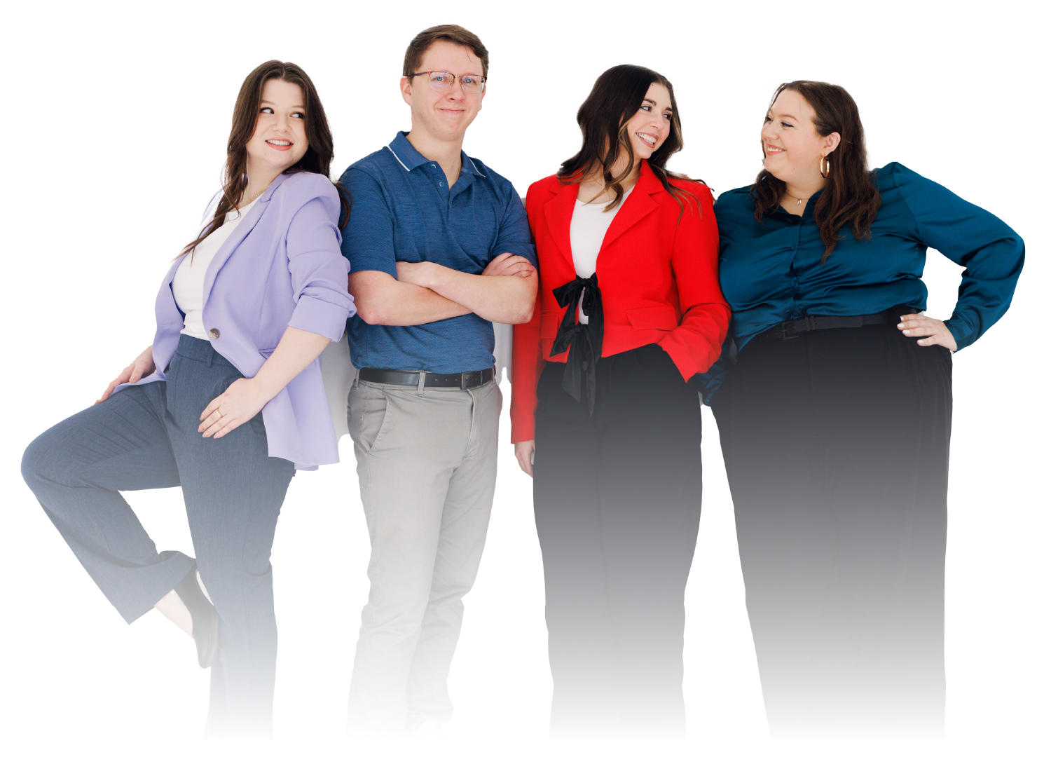 Four people posing against a white background, wearing colorful business-casual outfits.