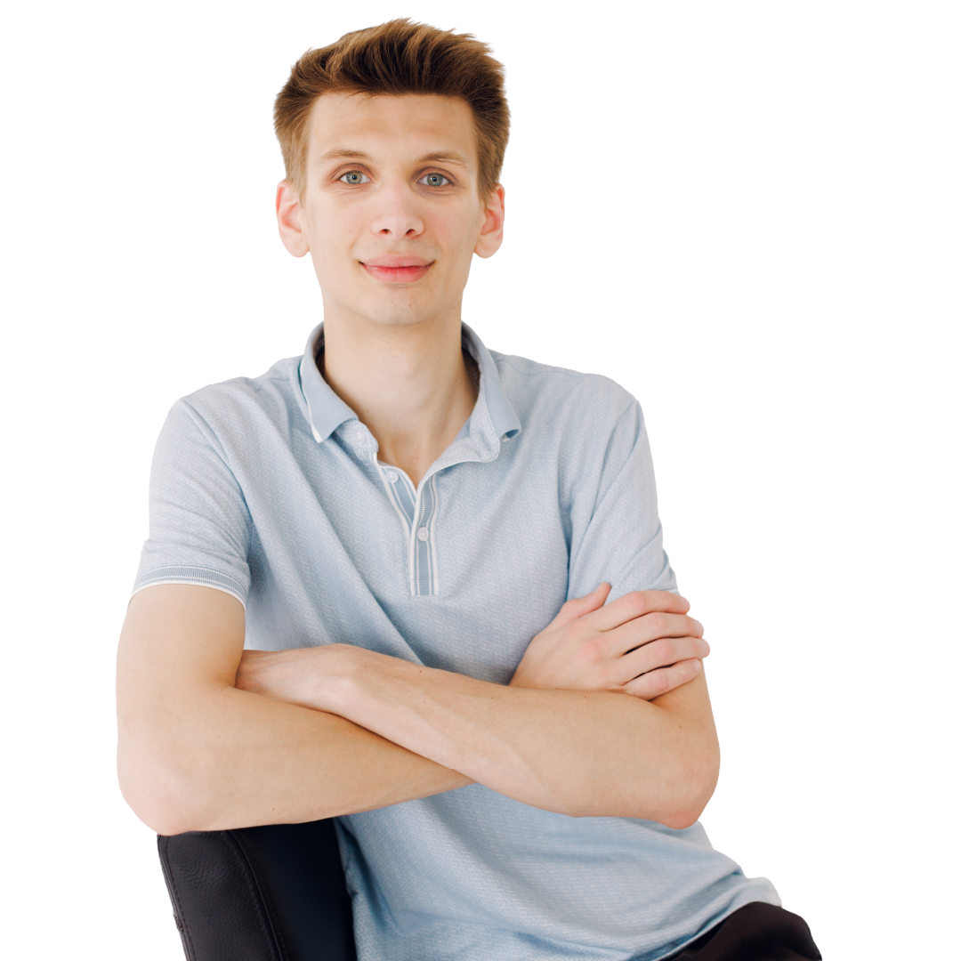 Person in a light blue polo shirt sitting with arms crossed on a chair against a white background