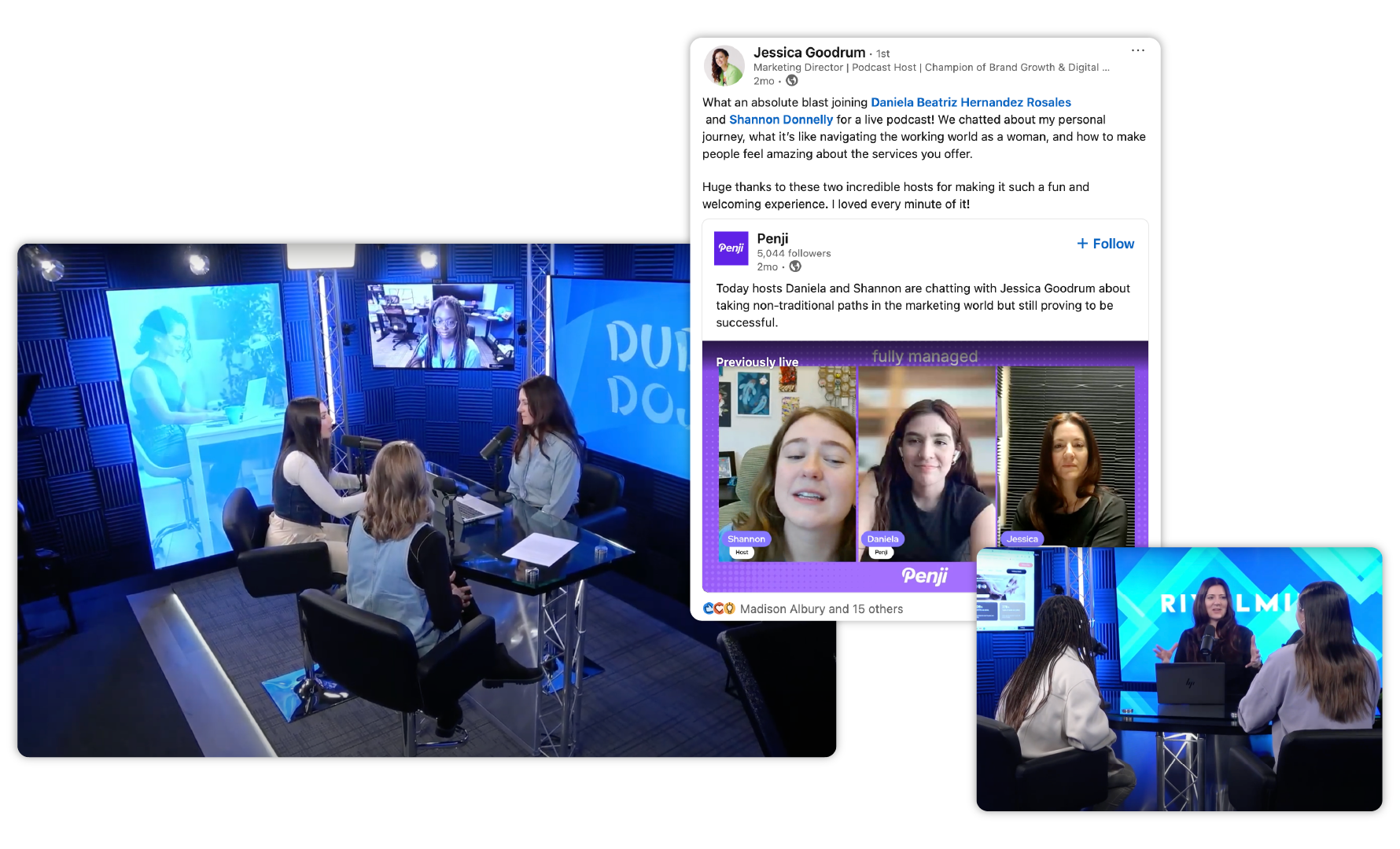 TV studio panel discussing a video call with a multi-screen image collage on the right
