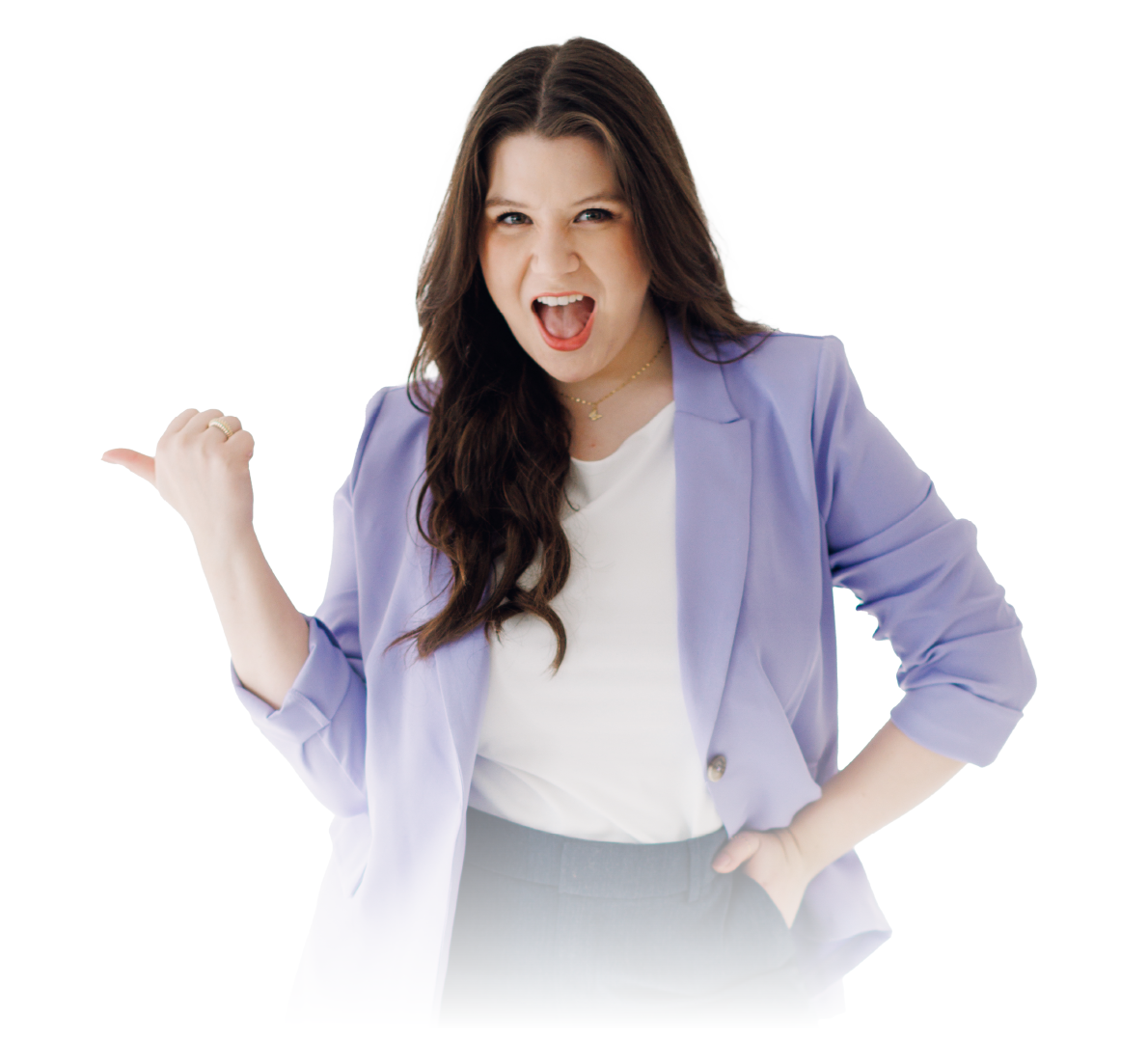 Woman in a lavender blazer gestures thumbs down with an angry expression on a white background