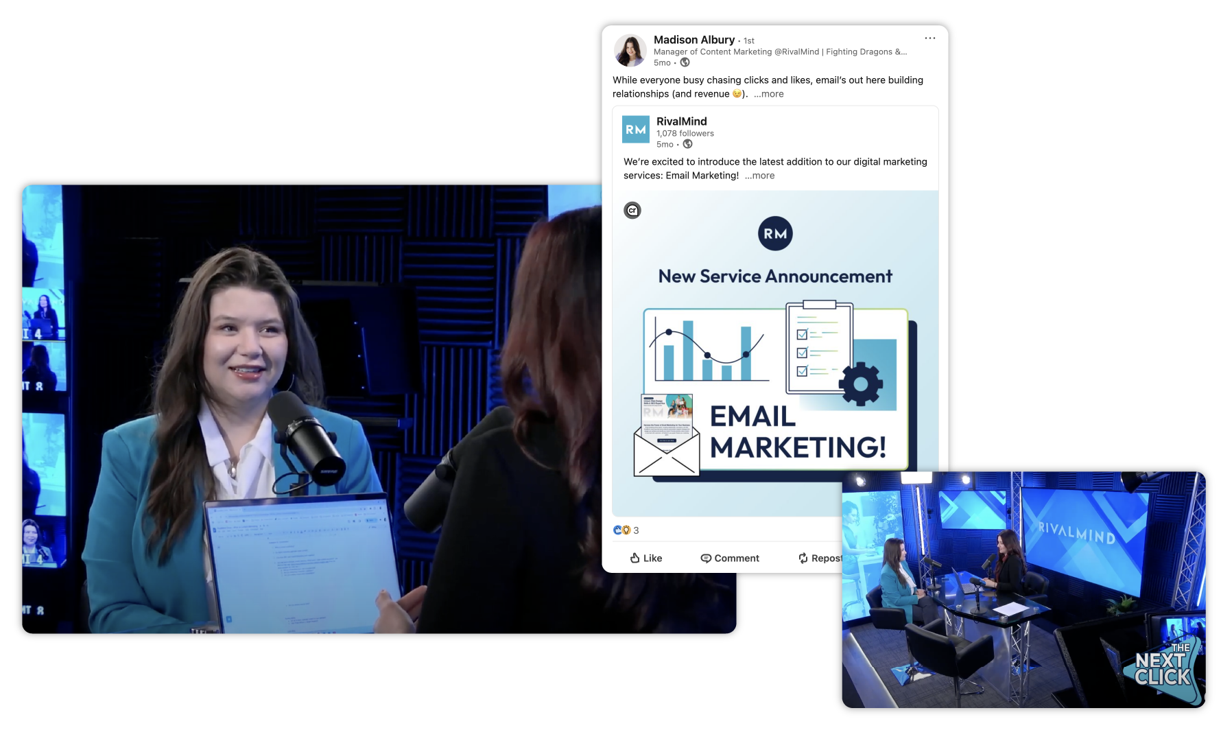 Woman on stage holding a blue folder during a live presentation, with social media and email marketing graphics.