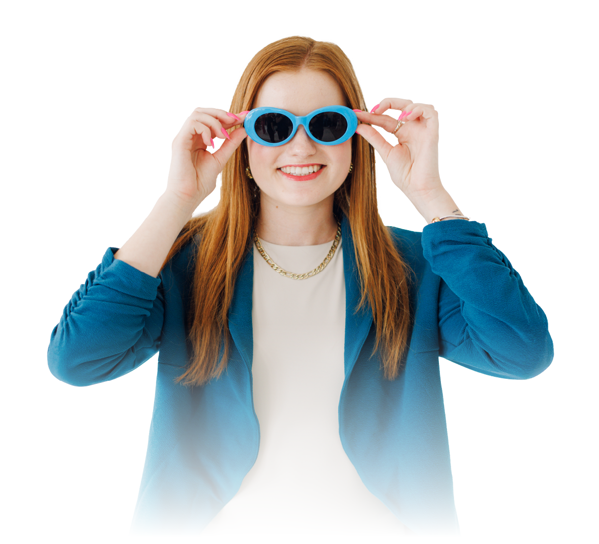 Smiling woman adjusting blue sunglasses on a white background