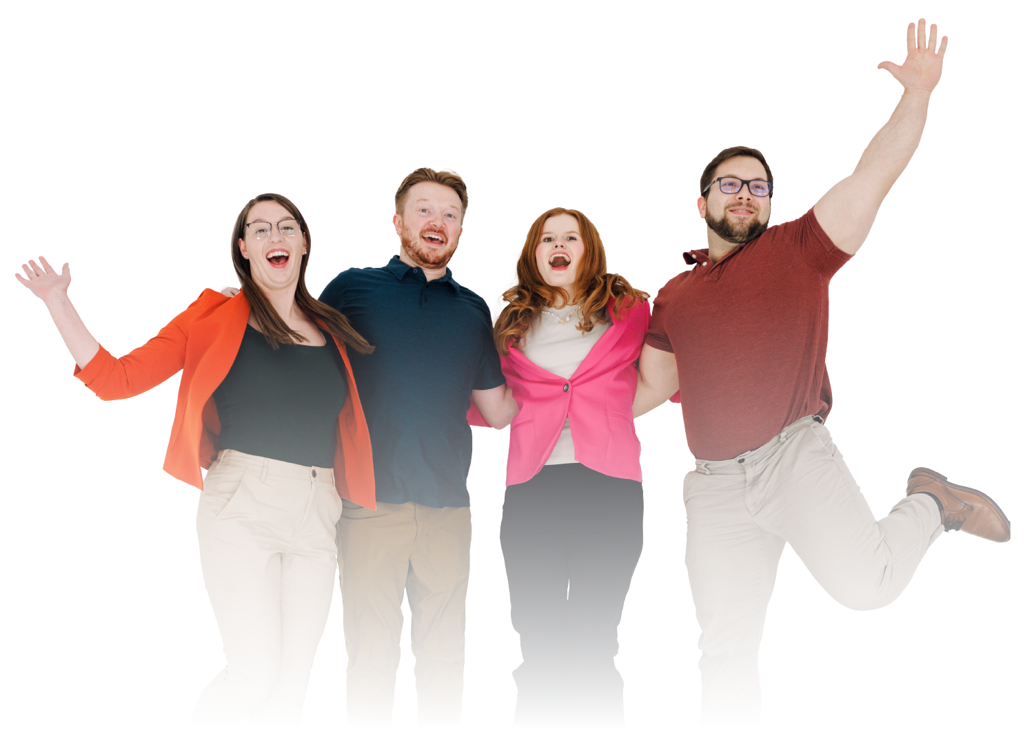 Four people posing against a white background, smiling and jumping with arms raised.
