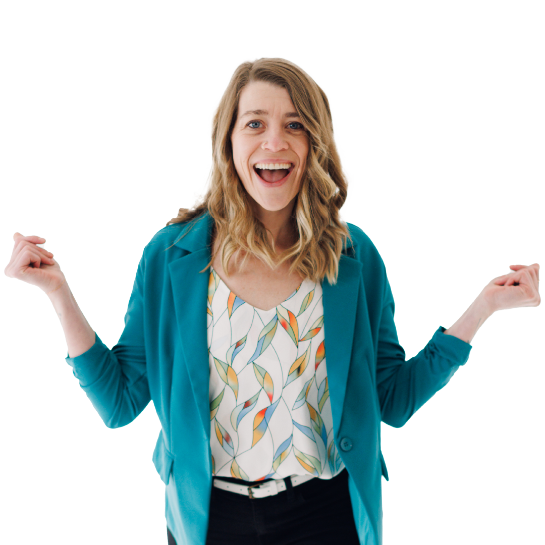 Smiling woman in a teal cardigan with arms raised against a white background