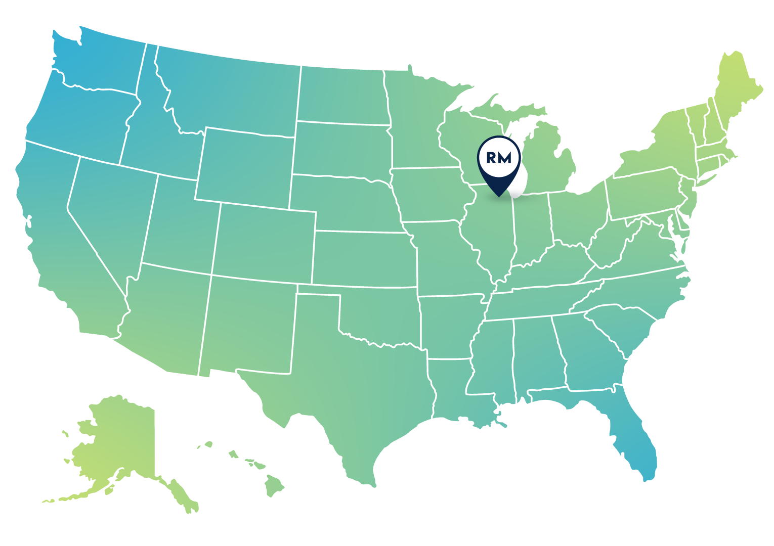 Color-gradient map of the United States with a pin marker in the Midwest near Michigan/Indiana.