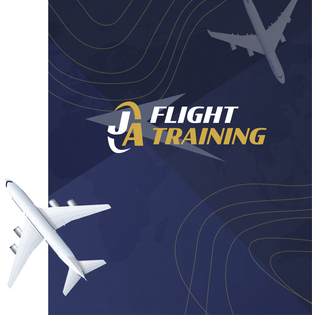 Dark blue Flight A Training logo with white and gold text and airplane graphics