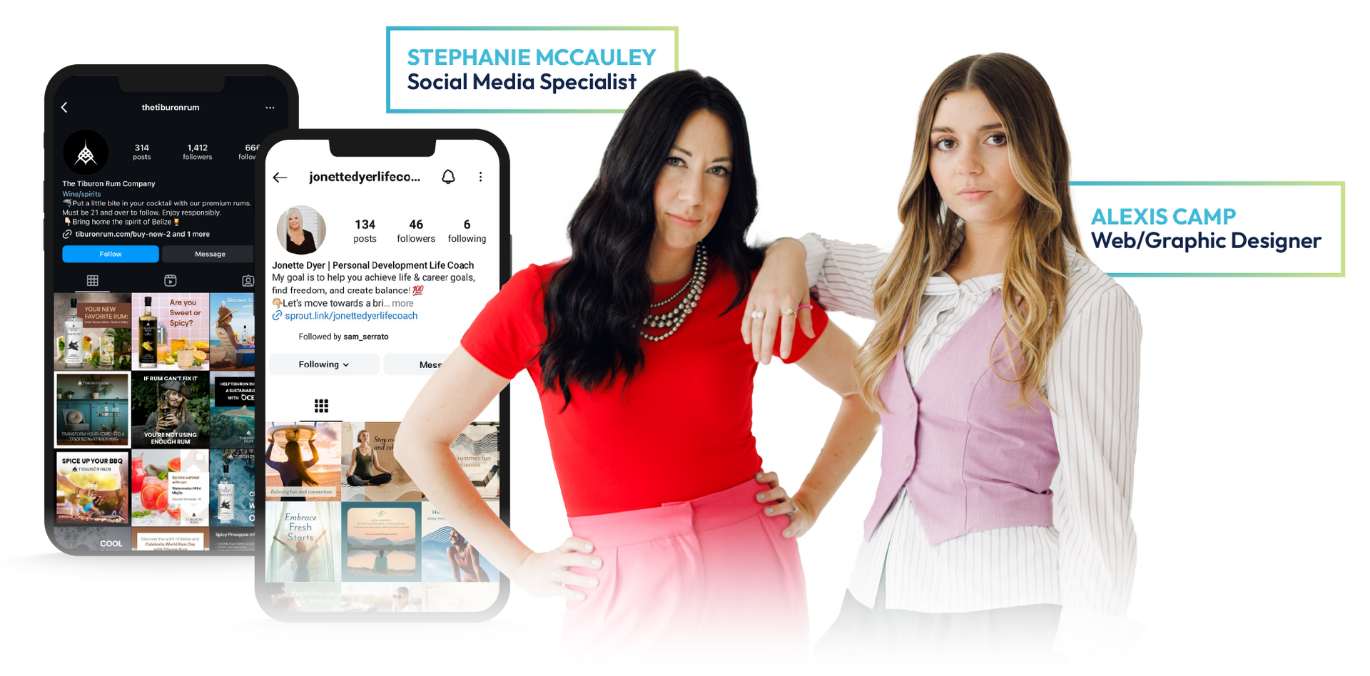 Two women posing beside smartphone app mockups on a white background, with promotional text bubbles.