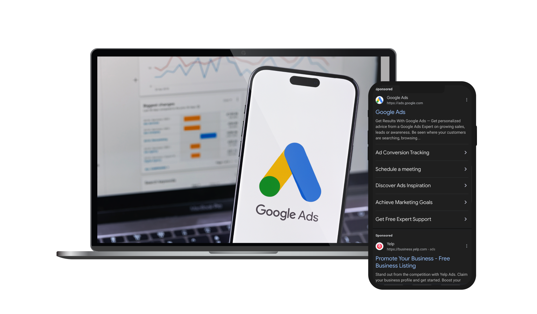 Laptop and phone displaying Google Ads interface on a dark app screen