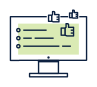 Illustration of a computer monitor with checklist lines and thumbs-up icons above it