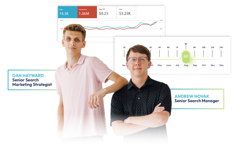 Two people standing in front of a stock market chart and profile cards on a white background