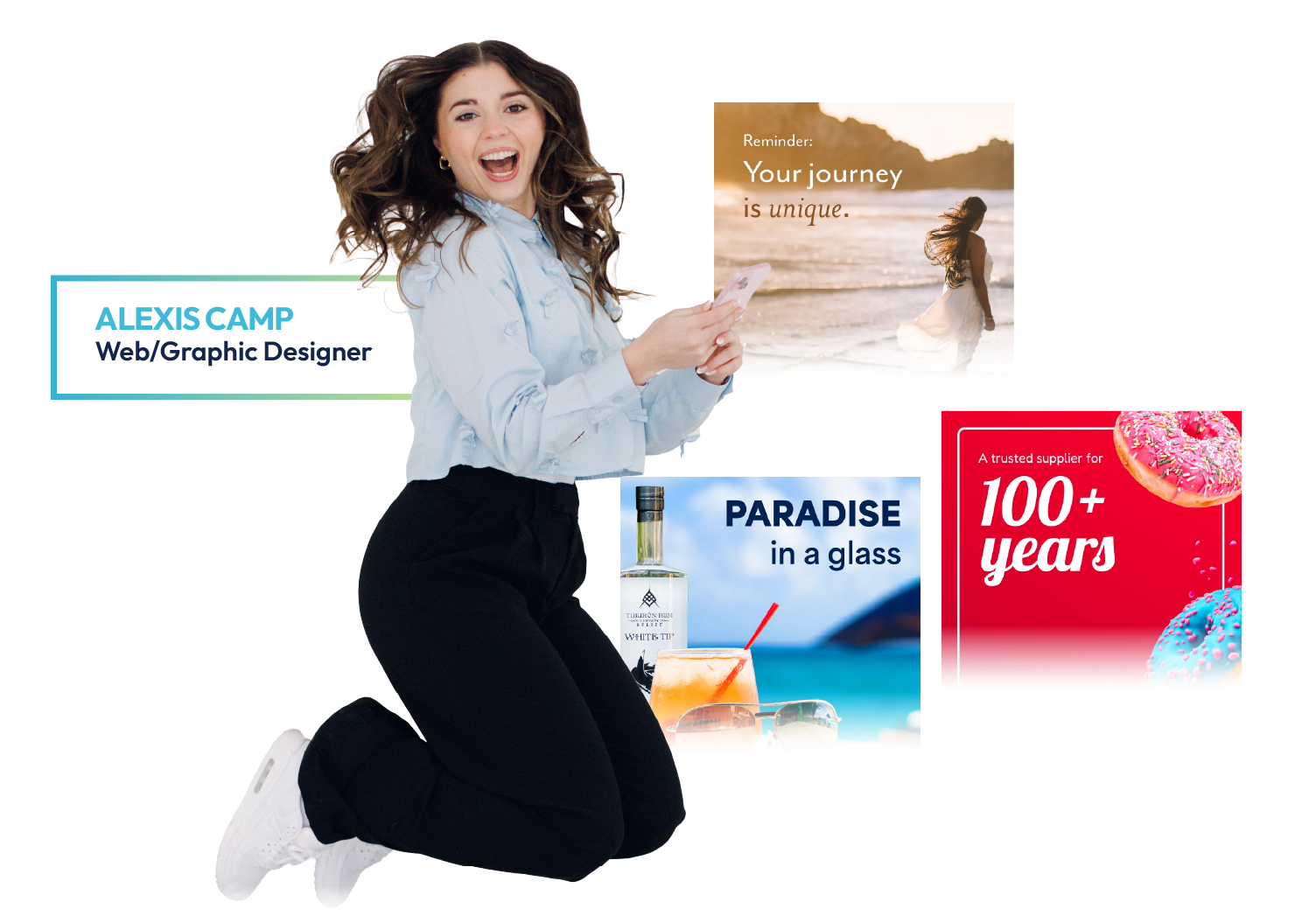 Woman kneeling beside colorful travel and design promo tiles, including “AlexisCamp” and “100+ years”