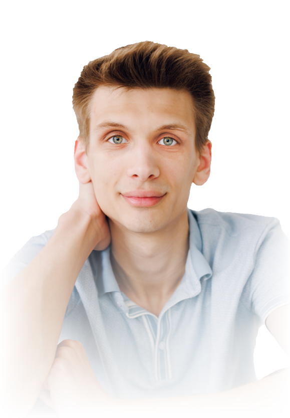 Smiling bald man in a blue plaid shirt on a white background