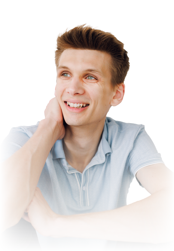 Smiling person in a light blue shirt, looking upward with hand on neck against a white background