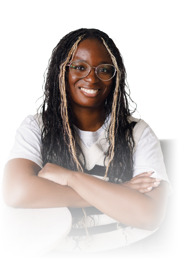 Smiling woman with glasses in a black blazer and white blouse on a white background