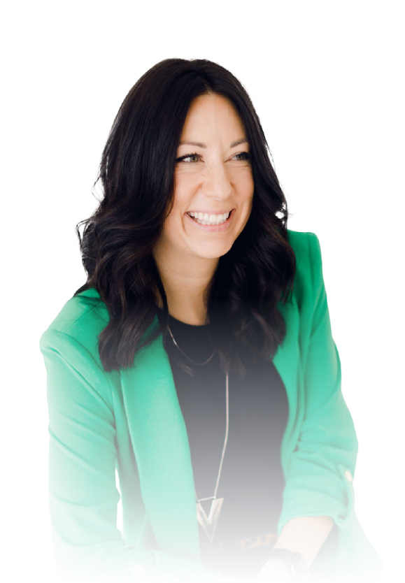 Smiling woman in a green blazer against a white background