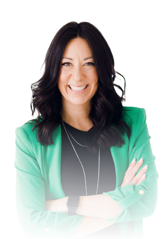 Smiling woman with dark hair, wearing a green blazer and black top, arms crossed against a white background