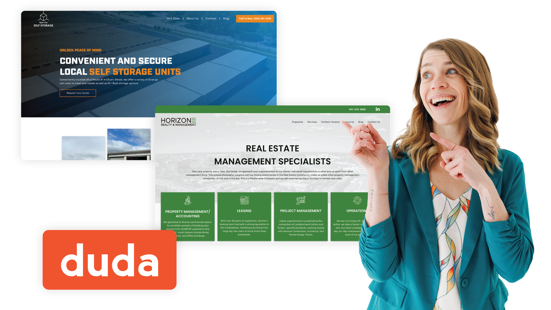 Duda website builder promo with website mockups and a smiling woman in a teal blazer