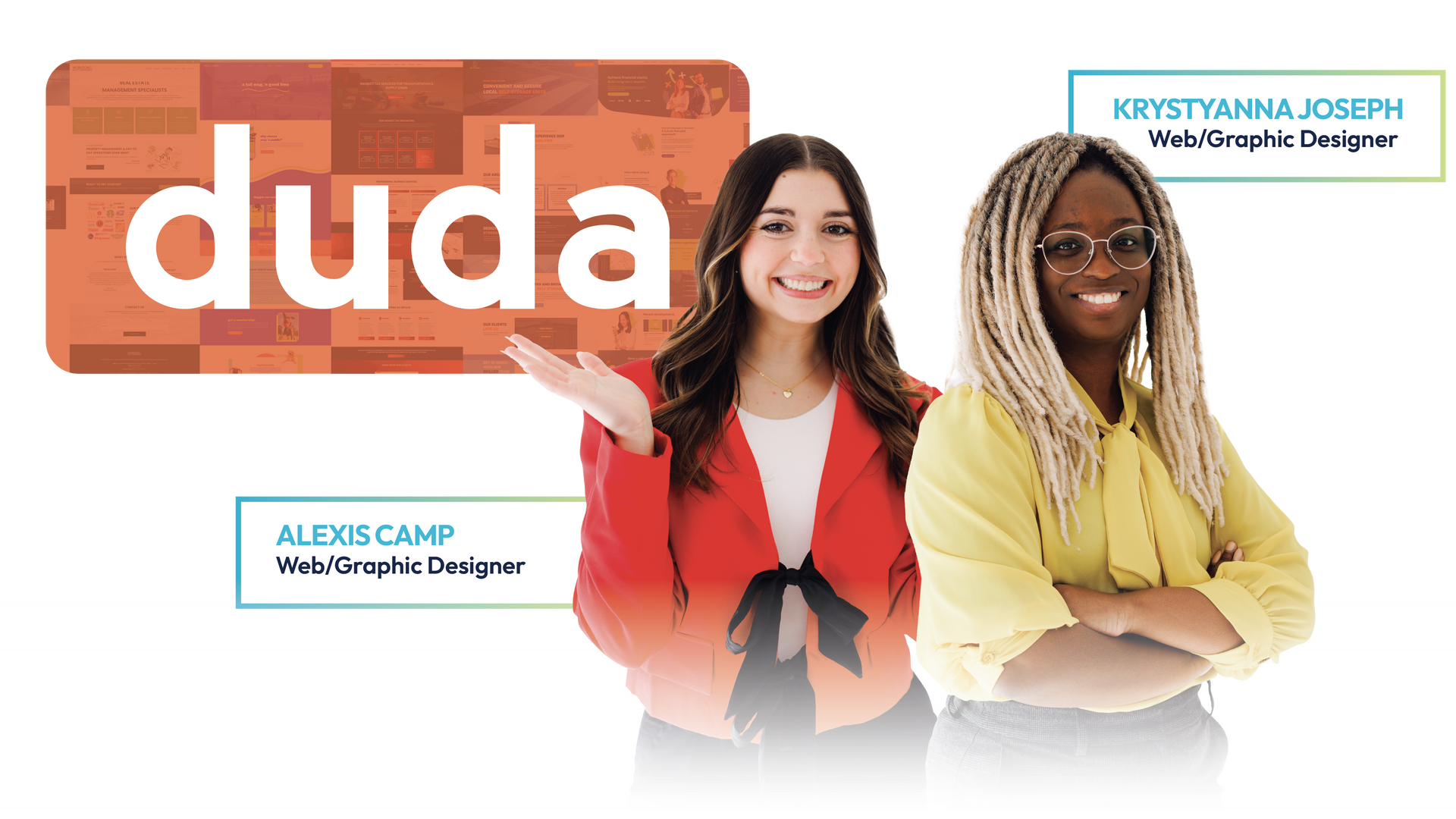 Duda logo with two smiling women and a small blue tag reading “Aidez” on a white background