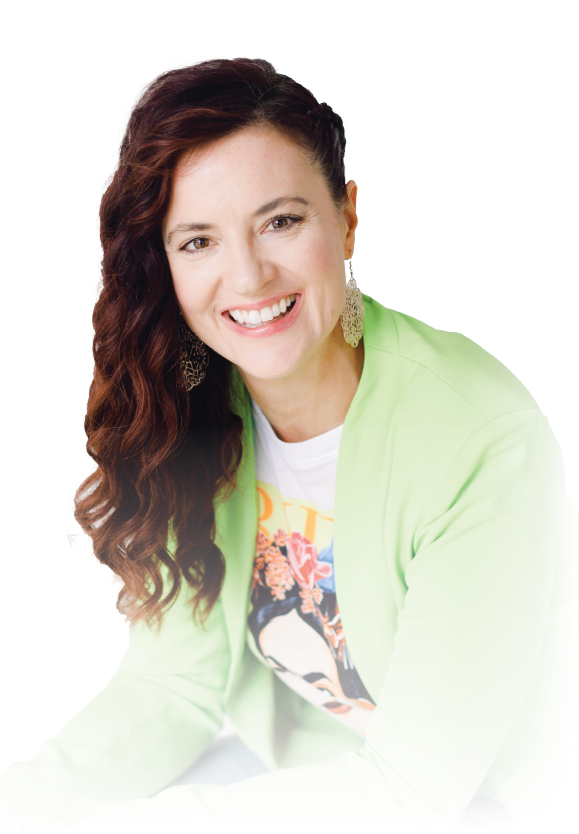 Smiling woman with long curly hair in a light green top on a white background