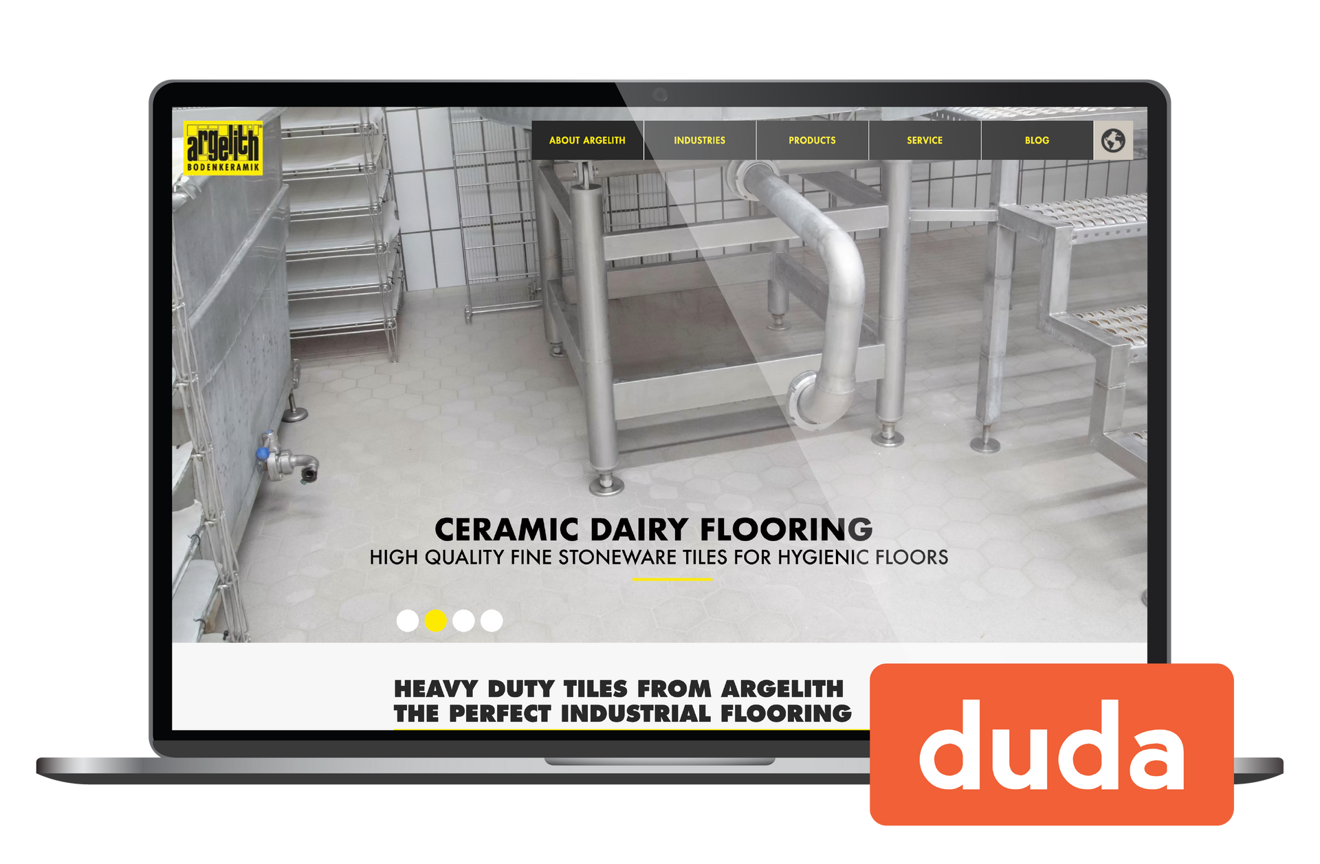 Laptop displaying a dairy flooring website with gray industrial flooring and orange “duda” logo