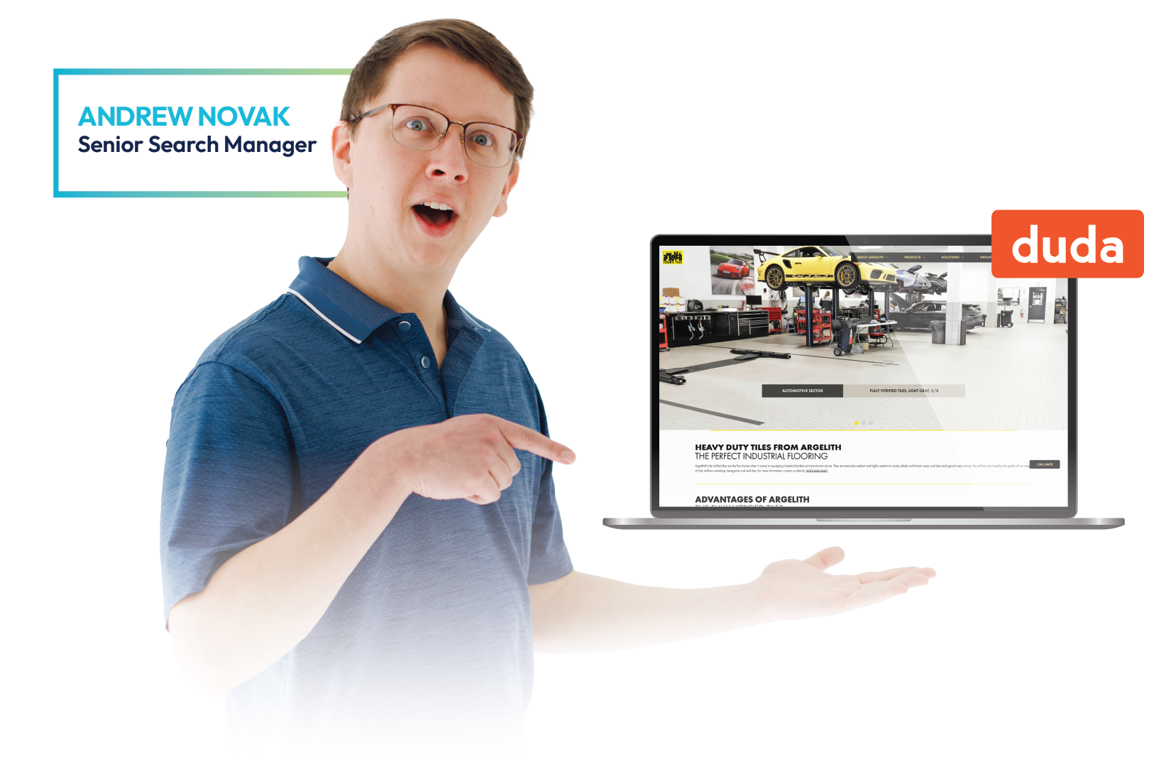 Man presenting laptop website mockup with Duda logo and name banner on white background