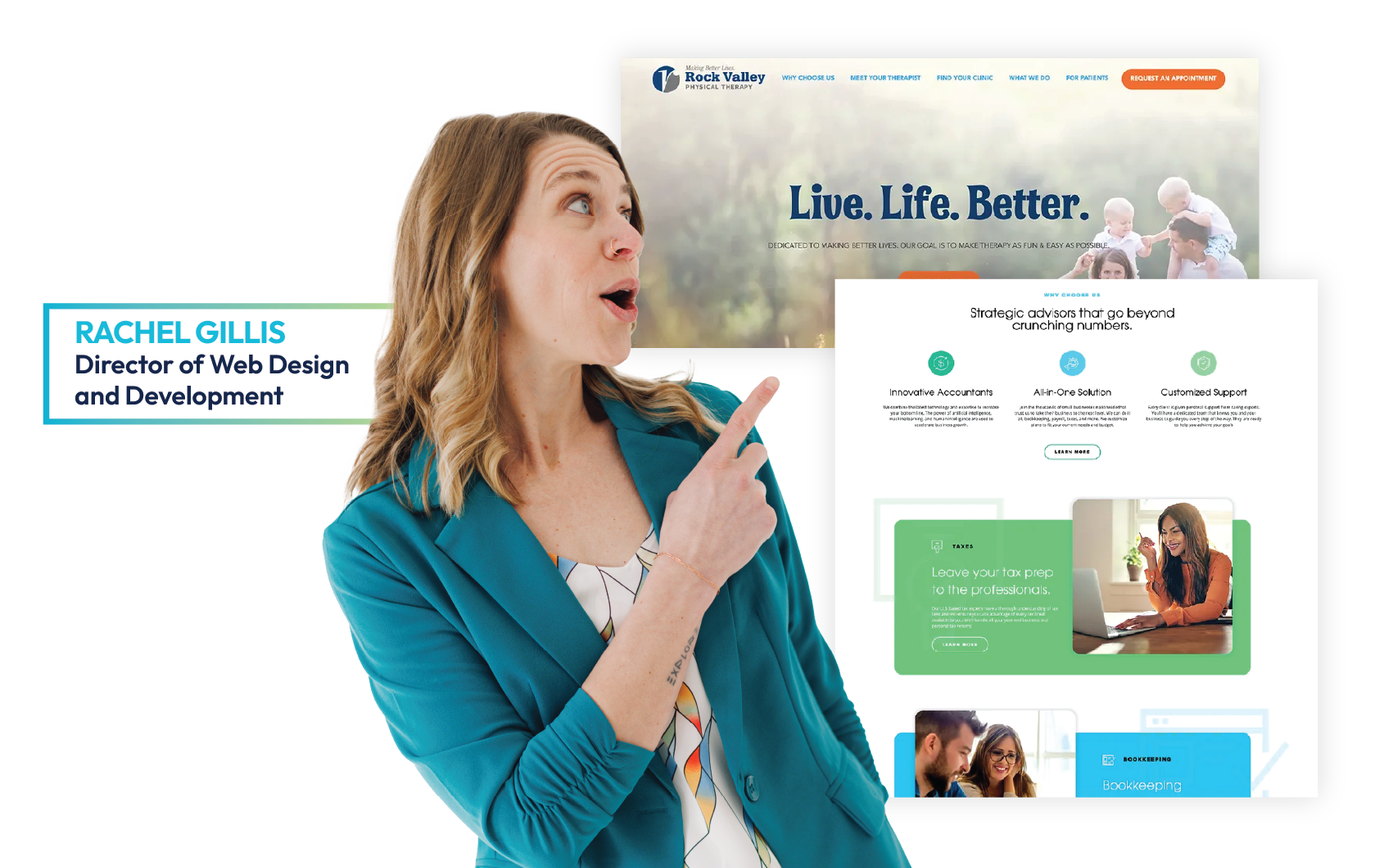 Woman pointing at a Bright Health website mockup with the slogan “Live. Life. Better.”