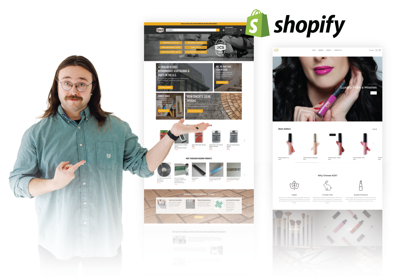 Shopify storefront collage with website mockups and a man presenting ecommerce designs