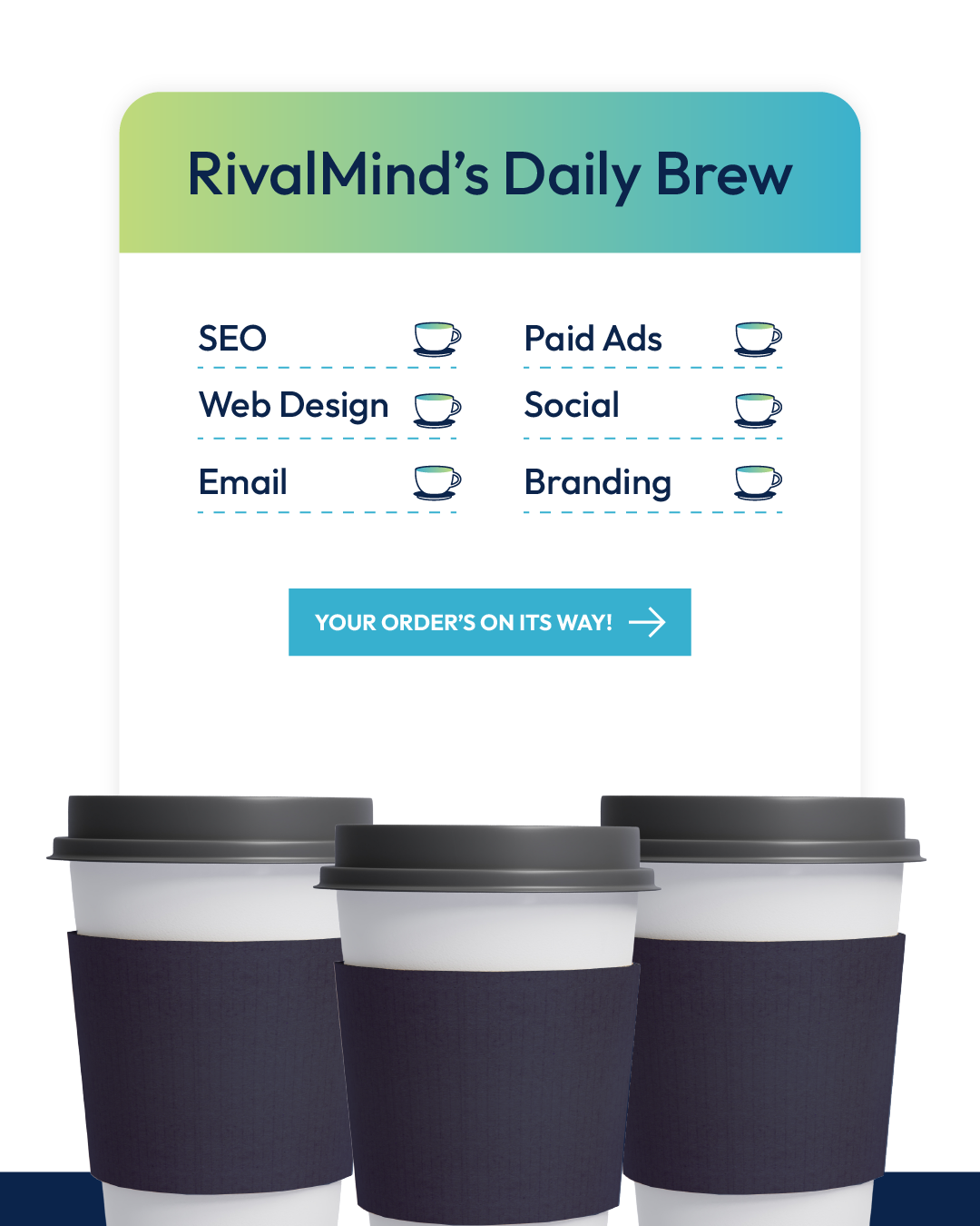 RivalMind’s Daily Brew ad with marketing services list and three takeaway coffee cups