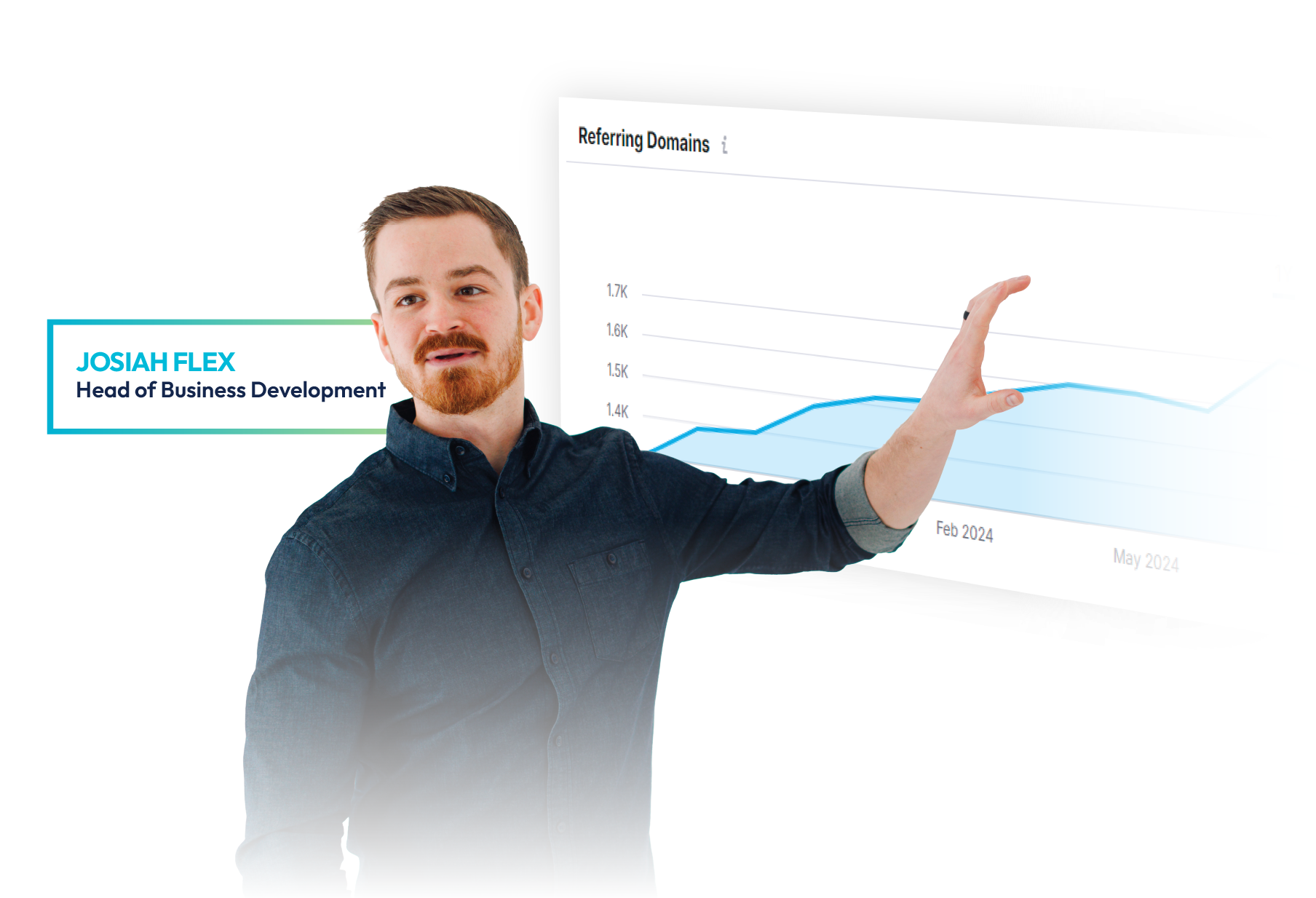 Smiling person in a dark shirt holding a laptop on a white background