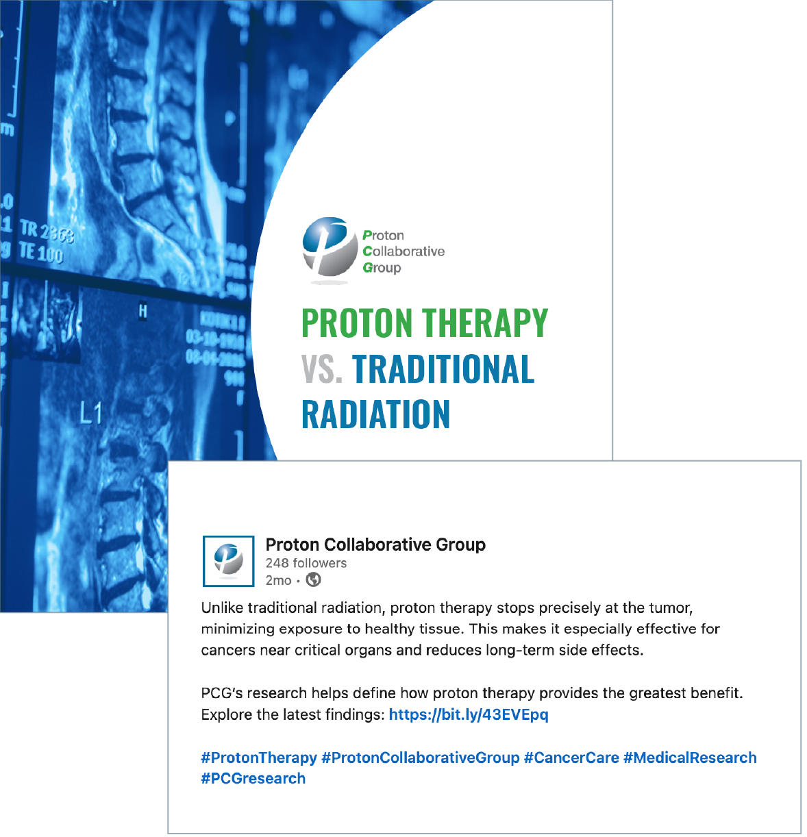 Blue-and-white poster comparing proton therapy vs. traditional radiation with an article excerpt below