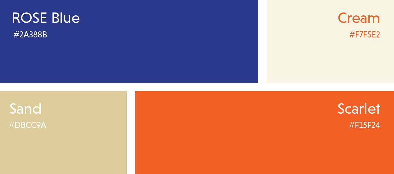 Color palette with ROSE Blue, Cream, Sand, and Scarlet swatches and hex codes.